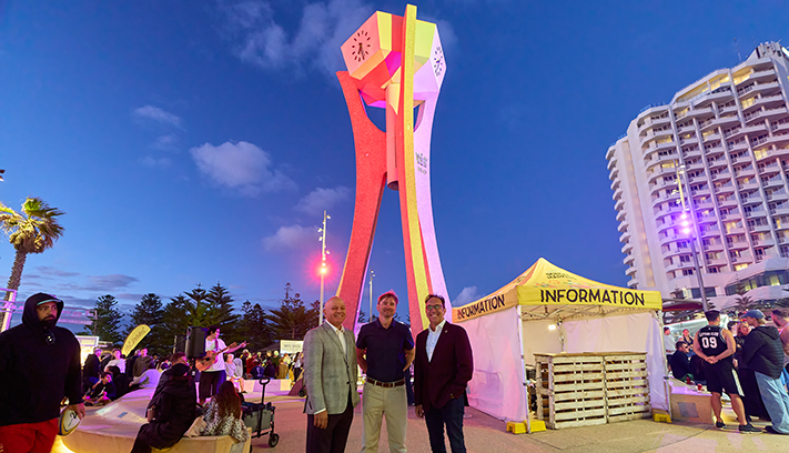 Coastal Ward Councillors Tony Krsticevic and Rob Paparde with Deputy Mayor Karlo Perkov at the Scarborough Beach Clock Tower.
