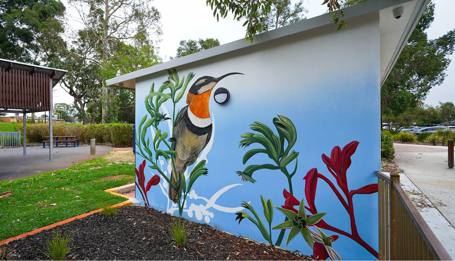 Image of the mural at the new amenities at Yokine Playspace featuring a bird